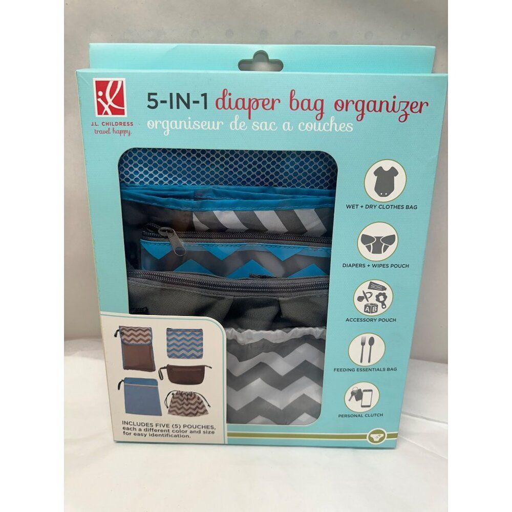 JL Childress 5 in 1 Diaper Bag Organizer Blue Grey Chevron NEW